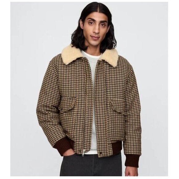 Gap Wool-Blend Houndstooth Heavyweight Cozy Bomber Jacket - Excellent Cond - Med - Picture 1 of 15